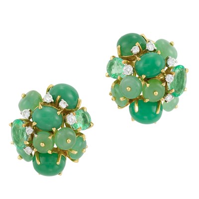 Lot 185 - Pair of Gold, Emerald, Green Chalcedony Bead, Cabochon Green Chrysoprase and Diamond Earclips, Seaman Schepps
