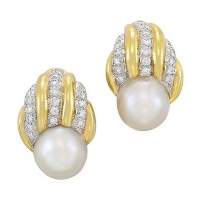 Lot 239 - Pair of Gold, Platinum, South Sea Cultured Pearl and Diamond Earclips, David Webb