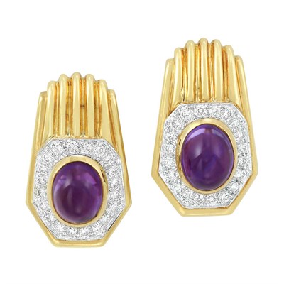 Lot 205 - Pair of Gold, Platinum, Cabochon Amethyst and Diamond Earclips, David Webb