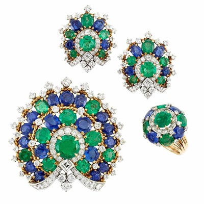 Lot 377 - Gold, Platinum, Emerald, Sapphire and Diamond Clip, Pair of Earclips and Ring