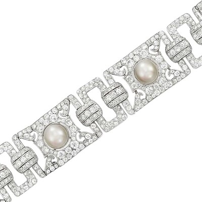 Lot 428 - Platinum, Cultured Pearl and Diamond Bracelet