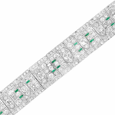 Lot 121 - Platinum, Diamond and Emerald Bracelet