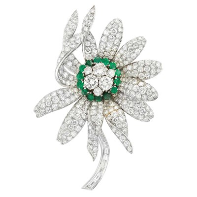 Lot 362 - Platinum, Diamond and Emerald Flower Brooch
