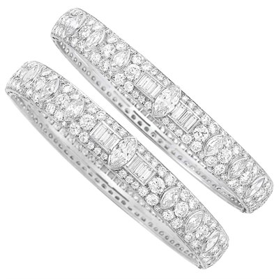 Lot 415 - Pair of Platinum and Diamond Bangle Bracelets