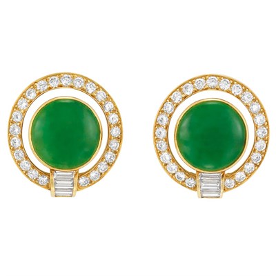Lot 236 - Pair of Gold, Jade and Diamond Earclips, Bulgari