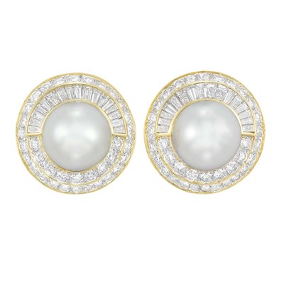 Lot 250 - Pair of Gold, South Sea Cultured Pearl and Diamond Earclips