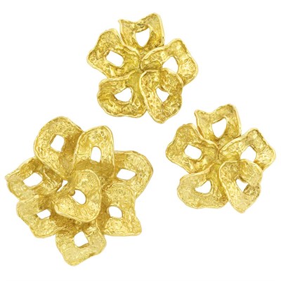 Lot 269 - Pair of Gold Flower Earclips and Brooch, Pomellato