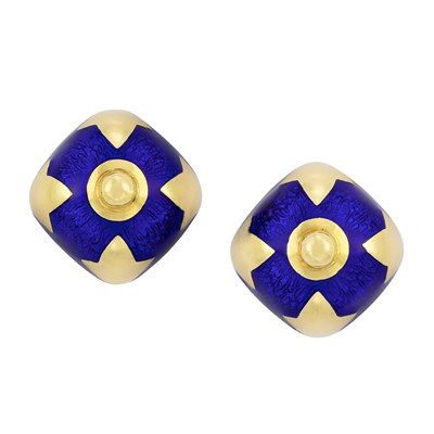 Lot 241 - Pair of Gold and Blue Enamel Earclips, David Webb