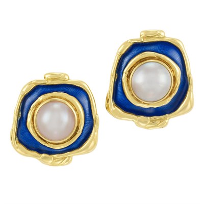 Lot 193 - Pair of Gold, Mabe Pearl and Blue Enamel Earclips, Elizabeth Gage