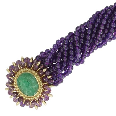 Lot 280 - Multistrand Amethyst Bead Torsade Bracelet with Gold, Carved Emerald and Amethyst Bead Clasp, David Webb