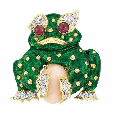 Lot 247 - Gold, Green Enamel, Coral, Diamond and Cabochon Garnet Frog Clip-Brooch