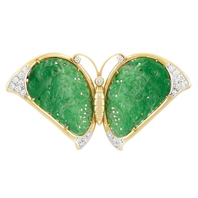 Lot 83 - Gold, Carved Jade and Diamond Butterfly Brooch