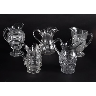 Lot 191 - Group of Five Molded and Cut Glass Pitchers...