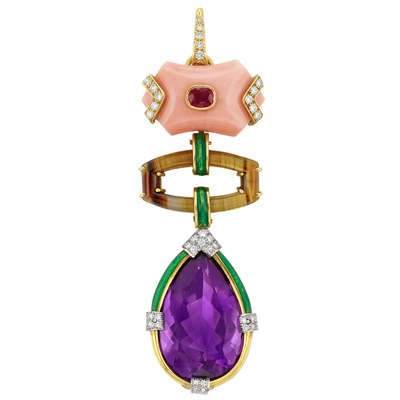 Lot 229 - Gold, Coral, Ruby, Diamond, Agate, Amethyst and Enamel Pendant, Andrew Clunn