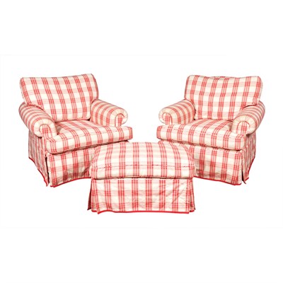 Lot 216 - Pair of Upholstered Club Chairs and Ottoman en...