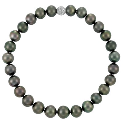 Lot 206 - Tahitian Black Cultured Pearl Necklace with White Gold and Diamond Ball Clasp