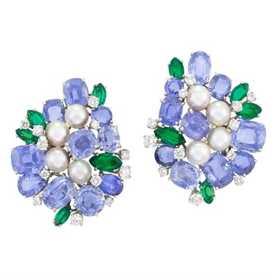 Lot 201 - Pair of Platinum, Sapphire, Emerald, Diamond and Cultured Pearl Cluster Earclips, Carvin French