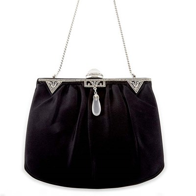 Lot 1295 - Black Satin, Simulated Frosted Rock Crystal and Rhinestone Handbag with Collapsible Carrying Chain, Judith Leiber