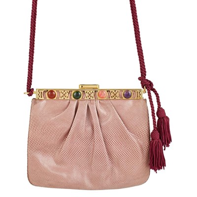 Lot 1290 - Gold-Tone Metal, Pink Leather and Cabochon Simulated Colored Stone Handbag with Rope-Twist Cord Tassel Carrying Strap, Judith Leiber