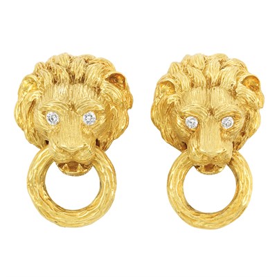 Lot 22 - Pair of Gold and Diamond Lion Head Earclips, Van Cleef & Arpels