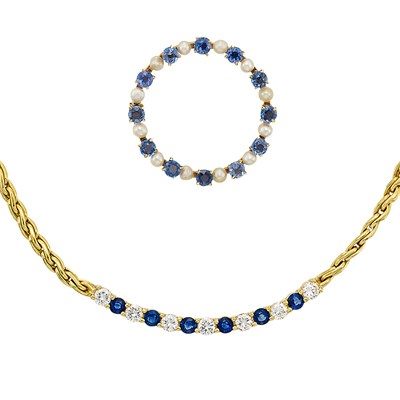 Lot 1110 - Gold, Sapphire and Diamond Necklace and Gold, Sapphire and Cultured Pearl Pin