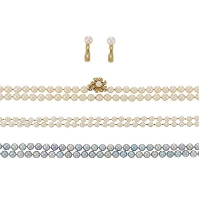 Lot 1010A - Long Grayish Blue Cultured Pearl Necklace with White Gold Clasp, Two Cultured Pearl Necklaces with Gold Clasps and Pair of Gold and Cultured Pearl Earrings