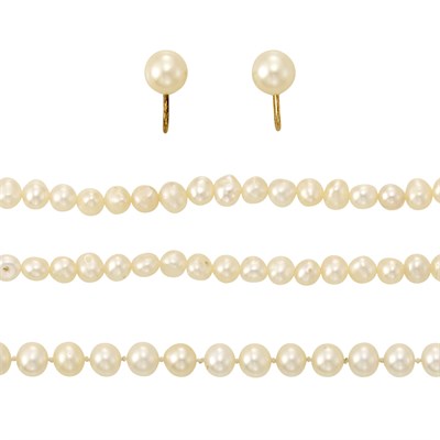 Lot 1188 - Two Cultured Pearl Necklaces with Gold Clasps, Bracelet and Pair of Earclips