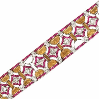 Lot 365 - Platinum, Diamond, Citrine and Ruby Bracelet