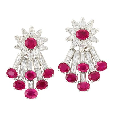 Lot 377 - Pair of Platinum, Ruby and Diamond Pendant-Earrings, Cartier, London
