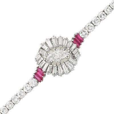 Lot 378 - White Gold, Diamond and Ruby Bracelet-Watch, Omega