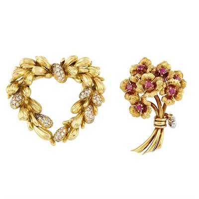 Lot 1025 - Gold, Ruby and Diamond Bouquet Brooch, Tiffany & Co., and Gold and Diamond Heart Pendant-Brooch