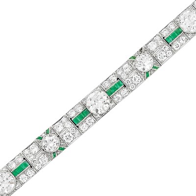 Lot 338 - Platinum, Diamond and Emerald Bracelet