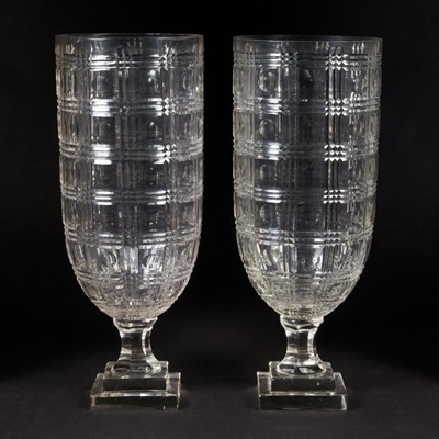 Lot 217 - Three Pairs of Glass Hurricane Candlestick...