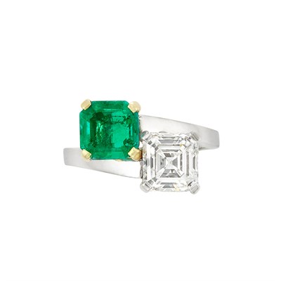 Lot 335 - Platinum, Gold, Diamond and Emerald Crossover Ring