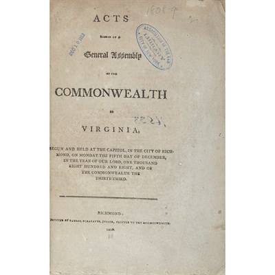 Lot 75 - [VIRGINIA] Group of acts and laws, 1800-15,...