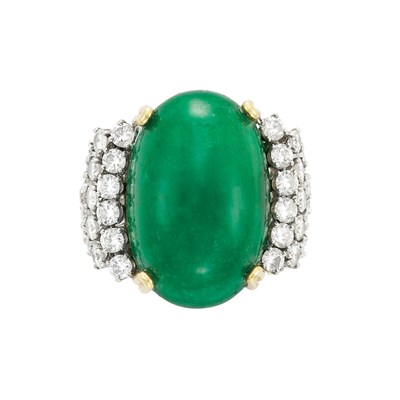 Lot 188 - Platinum, Gold, Cabochon Emerald and Diamond Ring