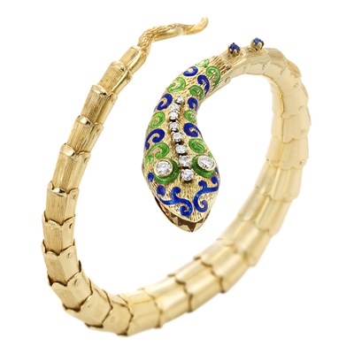 Lot 285 - Gold, Enamel and Diamond Snake Bangle Bracelet