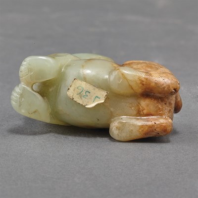 Lot 355 - Chinese Celadon and Brown Jade Cat Carved...