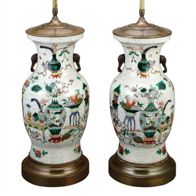 Lot 369 - Pair of Chinese Famille Verte Porcelain Lamps...