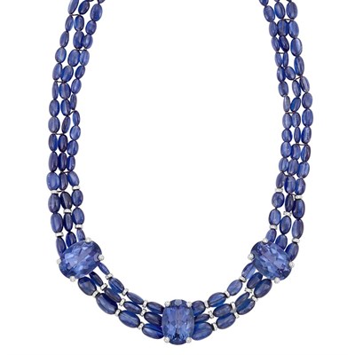 Lot 199 - Triple Strand Tanzanite Bead, Tanzanite, White Gold and Diamond Necklace, Petochi