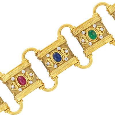 Lot 38 - Gold, Cabochon Colored Stone and Diamond Bracelet