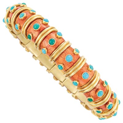 Lot 7 - Gold, Copper Paillonne Enamel and Turquoise Bangle Bracelet, Tiffany & Co., Schlumberger, France