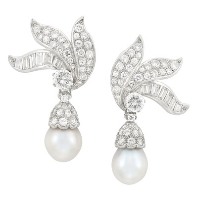 Lot 308 - Pair of Platinum, Diamond and Cultured Pearl Pendant-Earclips, David Webb