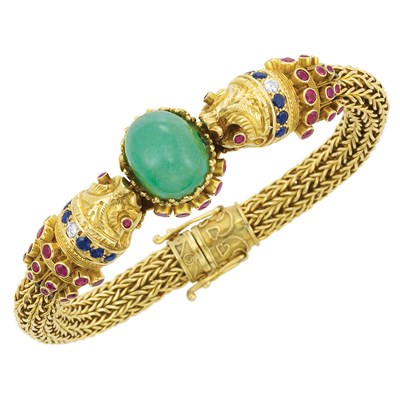 Lot 39 - Gold, Cabochon Emerald, Sapphire, Ruby and Diamond Bracelet