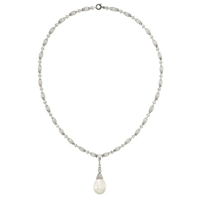 Lot 359 - Platinum, Gold, Diamond and Natural Pearl Pendant-Necklace
