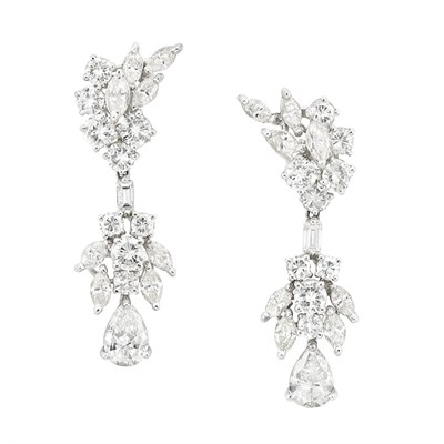 Lot 367 - Pair of Platinum and Diamond Pendant-Earrings