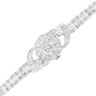 Lot 197 - Platinum and Diamond Bracelet-Watch, Omega
