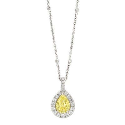 Lot 301 - Platinum, White Gold, Fancy Intense Yellow Diamond and Diamond Pendant-Necklace