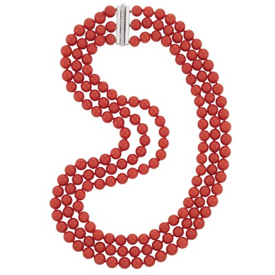 Lot 250 - Triple Strand Oxblood Coral Bead Necklace with White Gold and Diamond Bar Clasp, Piranesi