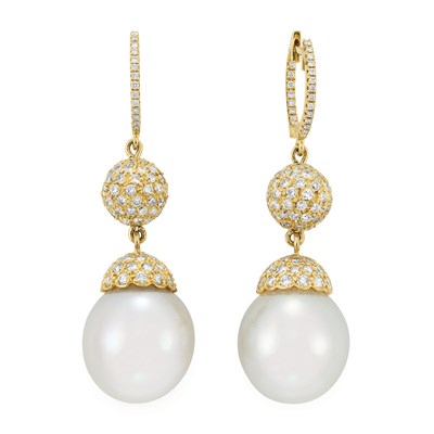 Lot 75 - Pair of Gold, Diamond and South Sea Cultured Pearl Pendant-Earrings